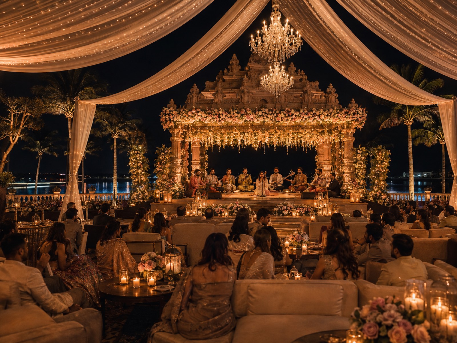 A candlelit reception beneath draped canopies